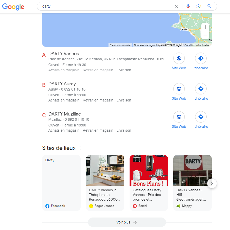 Capture d'écran de la nouvelle SERP Google Maps avec l'application du Digital Markets Act _ agence ecommerce soledis